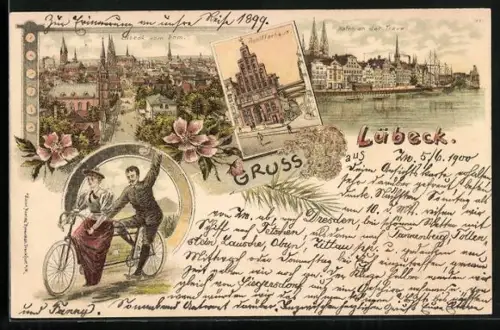 Lithographie Lübeck, Schifferhaus, Trave-Panorama, Teilansicht, Paar auf einem Tandem