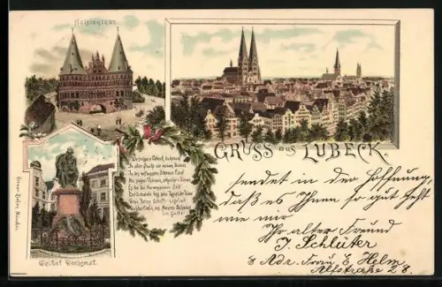 Lithographie Lübeck, Holstentor, Teilansicht, Geibel-Denkmal u. Gedicht