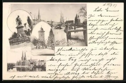 AK Lübeck, Hafenpartie, Dom u. Museum, Burgthor