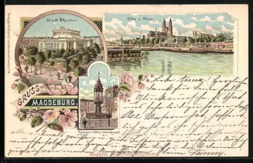 Lithographie Magdeburg, Elbpartie mit Dom, Stadttheater, Kaiser Otto Denkmal, rosa Blüten als Verzierung