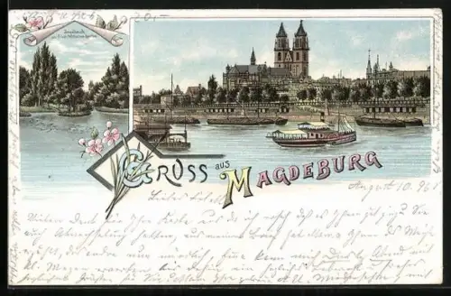 Lithographie Magdeburg, Inselteich am Friedrich Wilhelms-Garten, Stadtpanorama mit Dampfer