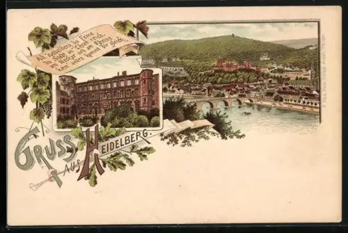 Lithographie Heidelberg / Neckar, Ortsansichten