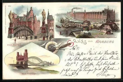 Lithographie Hamburg, Brooks Brücke, Freihafen Lagerhausen, Neue Elbbrücke