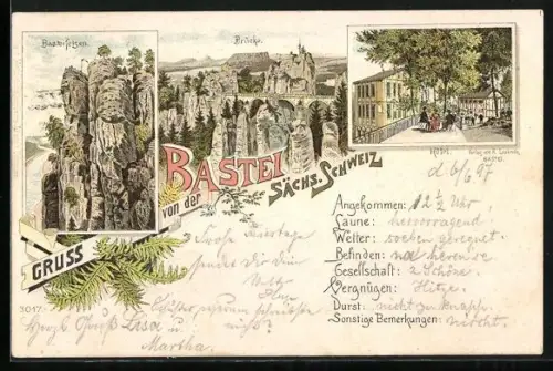 Lithographie Bastei, Basteifelsen, Brücke, Hotel