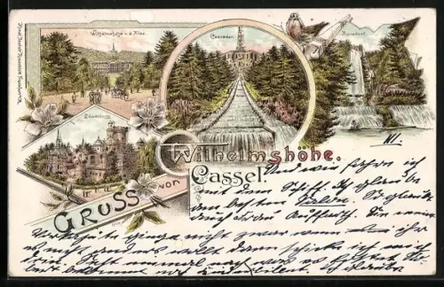 Lithographie Wilhelmshöhe, Cascaden, Aquaduct, Löwenburg, Schloss