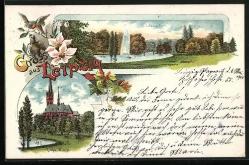 Lithographie Leipzig, Johanna-Park m. Fontäne, Luther-Kirche