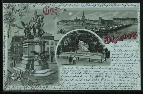Mondschein-Lithographie Düsseldorf, Kaiser-Wilhelm-Denkmal, Krieger-Denkmal, Stadtpanorama