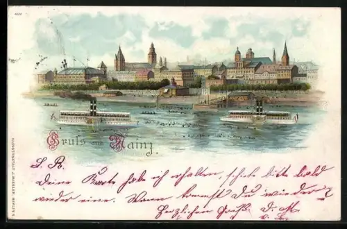 Lithographie Mainz, Stadtpanorama mit Dampfern vom Rhein aus