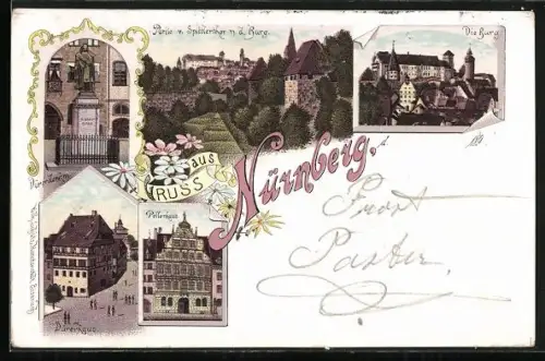 Lithographie Nürnberg, Spittlertor, Die Burg, Spittlerthor