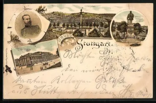 Lithographie Stuttgart, Herzog-Christoph-Denkmal, Schlossplatz, Königsbau