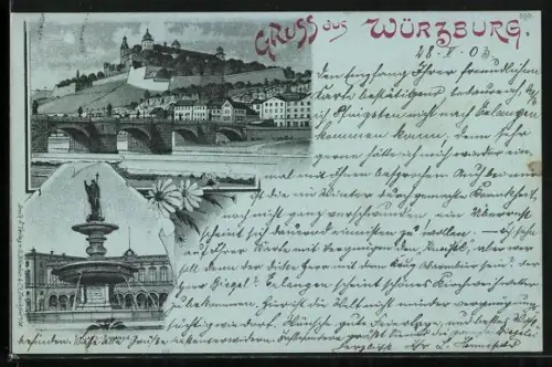 Mondschein-Lithographie Würzburg, Kilians-Brunnen, Ortspartie mit Brücke und Schloss