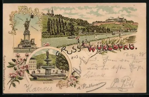 Lithographie Würzburg, Luitpold-Denkmal, Kilian-Brunnen, Ortsansicht