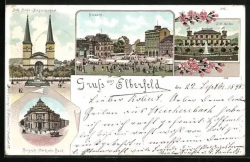 Lithographie Elberfeld, Bergisch-Märkische-Bank, Neumarkt, Zool. Garten, Kath. Kirche u. Kriegerdenkmal
