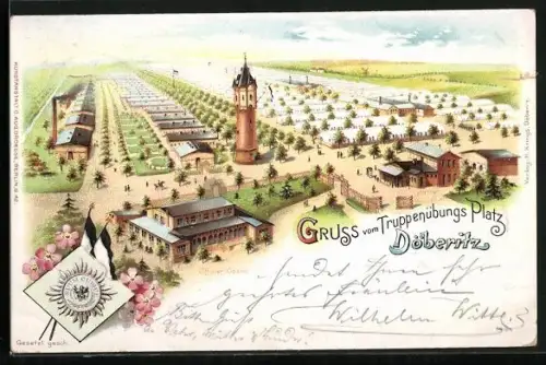 Lithographie Döberitz, Truppenübungsplatz, Wachturm, Kasernengebäude