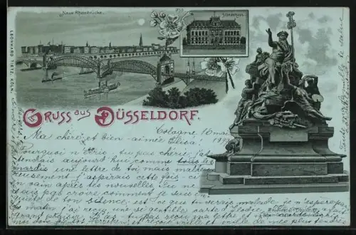 Lithographie Düsseldorf, Ständehaus, Neue Rheinbrücke, Provinzial-Denkmal