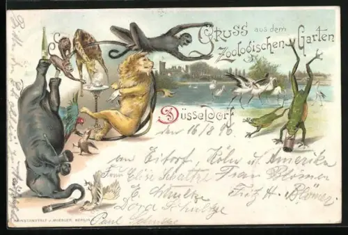 Lithographie Düsseldorf, Zoologischer Garten, Zootiere und Stadtpanorama, Elefant, Löwe, Frösche