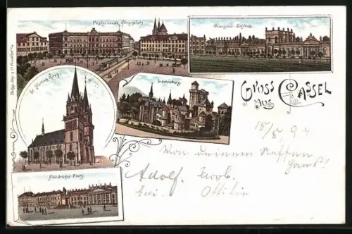 Lithographie Kassel, Friedrichsplatz, St. Martinskirche, Postgebäude Königsplatz, Löwenburg, Orangerie-Schloss