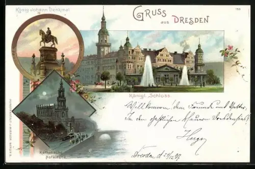 Lithographie Dresden, Königl. Schloss, Kath. Hofkirche bei Vollmond