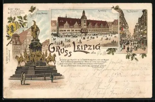 Lithographie Leipzig, Rathaus, Sieges-Denkmal, Peterstrasse