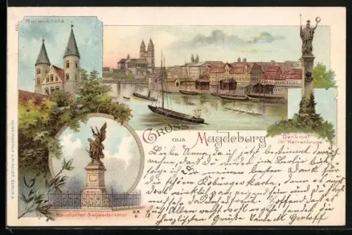 Lithographie Magdeburg, Marienkirche, Neustädter Siegesdenkmal, Denkmal im Herrenkruge