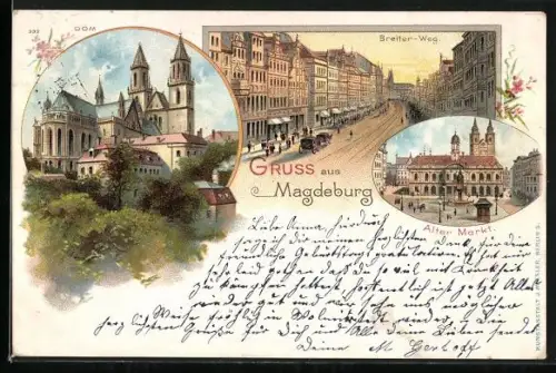 Lithographie Magdeburg, Dom, Breiter-Weg, Alter Markt