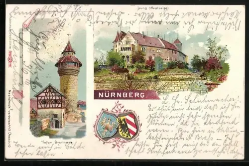 Lithographie Nürnberg, Tiefer Brunnen und Burg (Westseite)