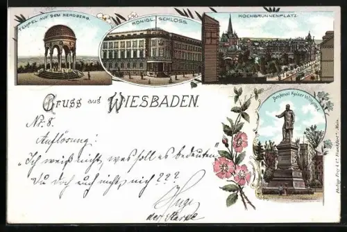 Lithographie Wiesbaden, Tempel auf dem Neroberg, Kochbrunnenplatz