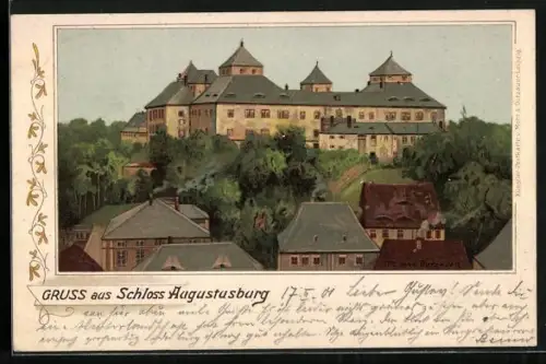 AK Augustusburg, Blick über die Dächer der Häuser auf das Schloss