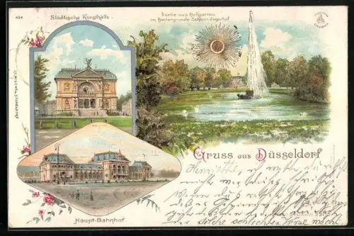 Sonnenschein-AK Düsseldorf, Städtische Kunsthalle, Hauptbahnhof, Hofgarten