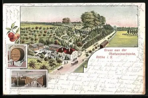 Lithographie Rötha i. S., Obstweinschänke, Weingarten, Weinfässer