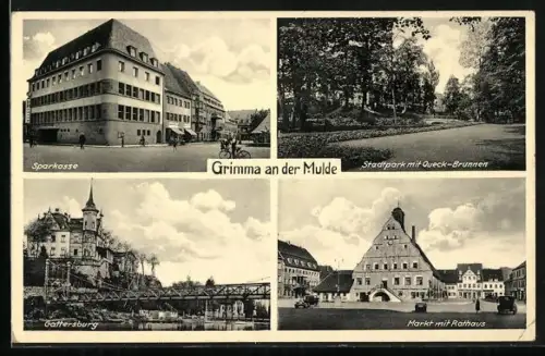 AK Grimma an der Mulde, Sparkasse, Stadtpark mit Queck-Brunnen, Gattersburg, Markt mit Rathaus