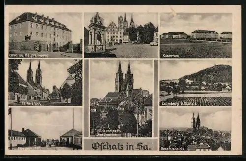 AK Oschatz in Sa., Kasernen, Blick von der Dresdnerstrasse, Gesamtansicht