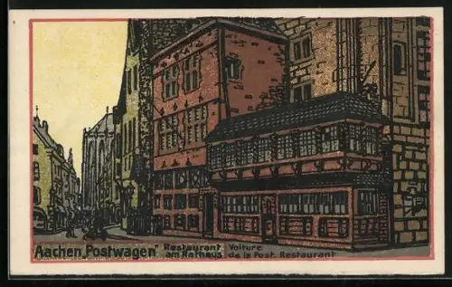 Steindruck-AK Aachen, Postwagen Restaurant am Rathaus