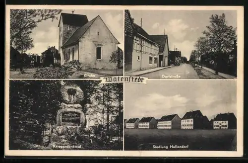 AK Watenstedt / Braunschweig, Kirche, Dorfstrasse, Kriegerdenkmal, Siedlung Hallendorf