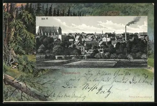 AK Helmstedt, Stadtansicht mit Kirche und Fabrikschornstein