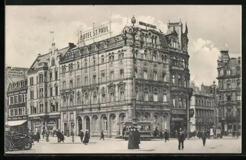 AK Cöln, Hotel St. Paul, Strassenbahn, Geschäftshäuser