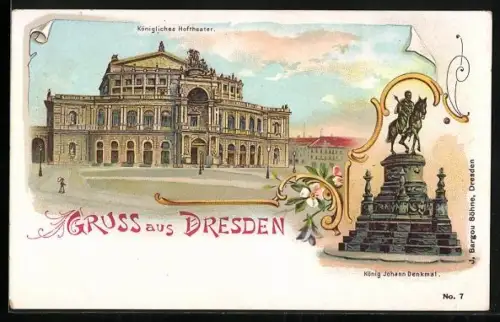 Lithographie Dresden, Königliches Hoftheater, König Johann Denkmal