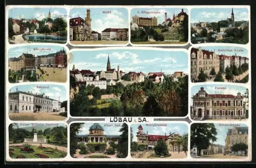 AK Löbau i. Sa., Markt, Bahnhof, Kaiser-Wilhelm-Denkmal