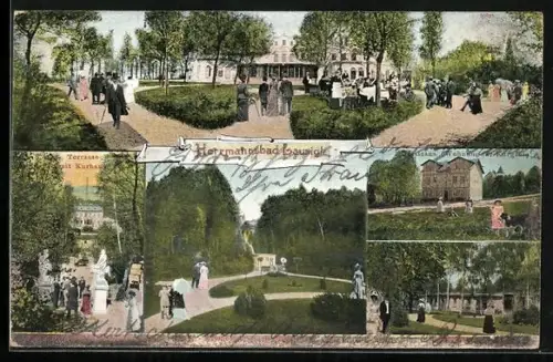 AK Lausigk, Herrmannsbad, Terrasse mit Kurhaus, Parkansicht