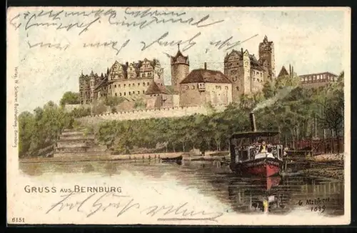 Lithographie Bernburg, Schloss Bernburg, Dampfschiff