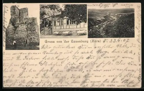 AK Lauenburg /Harz, Burgruine, Gasthaus, Landschaftsansicht