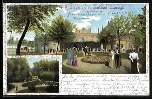 AK Lausigk, Hermannsbad, Kurhaus, Park-Promenade mit Terrasse