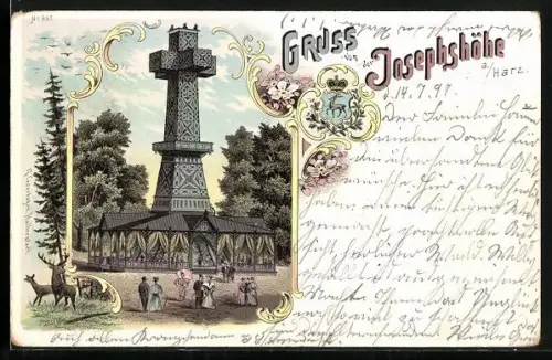 Lithographie Josephshöhe /Harz, Aussichtsturm, Wald, Spaziergänger