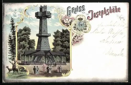 Lithographie Josephshöhe /Harz, Aussichtsturm und Spaziergänger