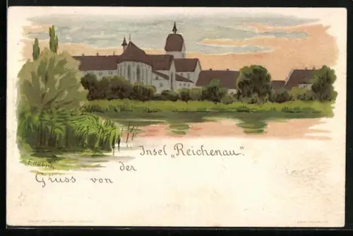 Lithographie Reichenau / Bodensee, Klosteransicht auf der Insel Reichenau