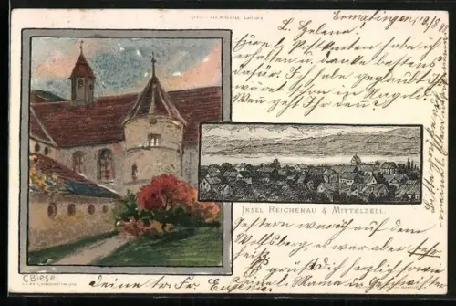 Künstler-AK Carl Biese: Reichenau / Bodensee, Kirche, Ortsansicht Mittelzell