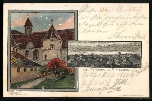 Künstler-AK Carl Biese: Reichenau / Bodensee, Kloster und Ortsansicht Mittelzell