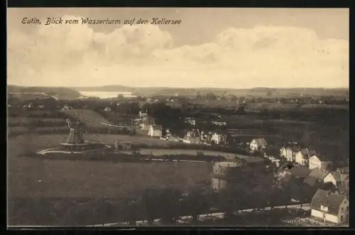 AK Eutin, Blick vom Wasserturm auf den Kellersee, Gasometer, Windmühle