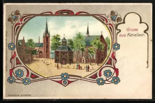 Lithographie Kevelaer, Kirche, Kapelle und Vorplatz