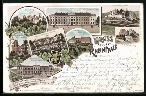 Lithographie Zweibrücken / Rheinpfalz, Schloss in Zweibrücken, Kurort Villa Donnersberg u.a.